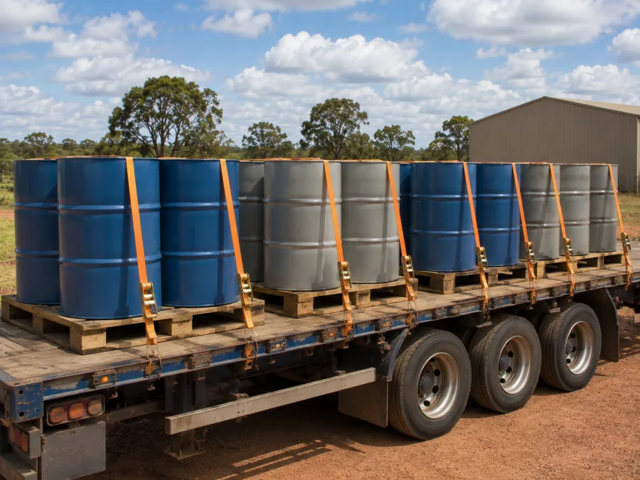 Sealed drums banded on pallets and strapped to a trailer deck