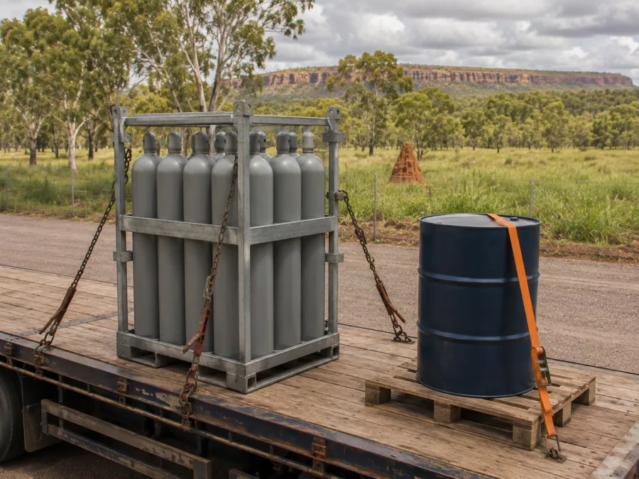 Gas cylinder pack and a sealed drum chained on a trailer deck at Katherine