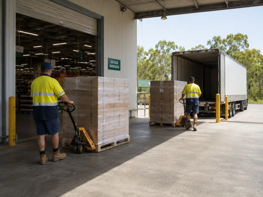 Workers moving grocery pallets at a Katherine supermarket dock