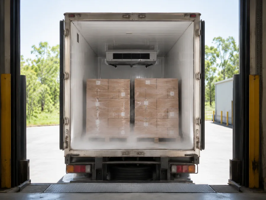 Open refrigerated trailer loaded with chilled cartons at Katherine