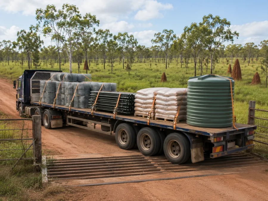 Fencing, feed and a water tank loaded on a trailer at a Top End station gate