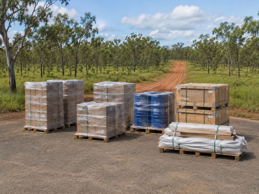 Heavily wrapped freight staged for onward delivery to a remote community