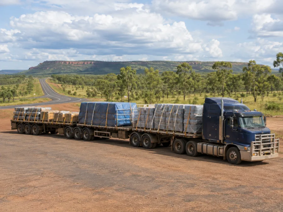 Loaded road train staged at Katherine for the run west on the Victoria Highway