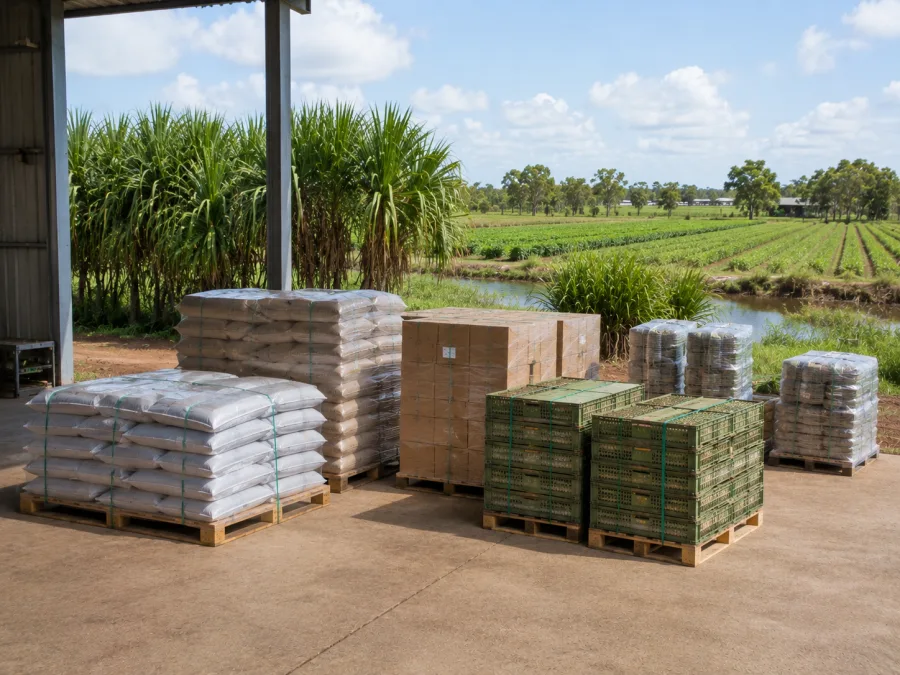Agricultural inputs and produce crates staged at a Katherine river property