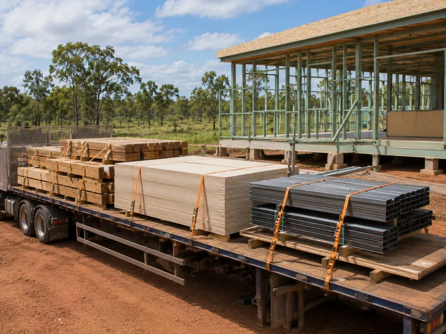 Timber and cladding on a trailer at a Katherine building site