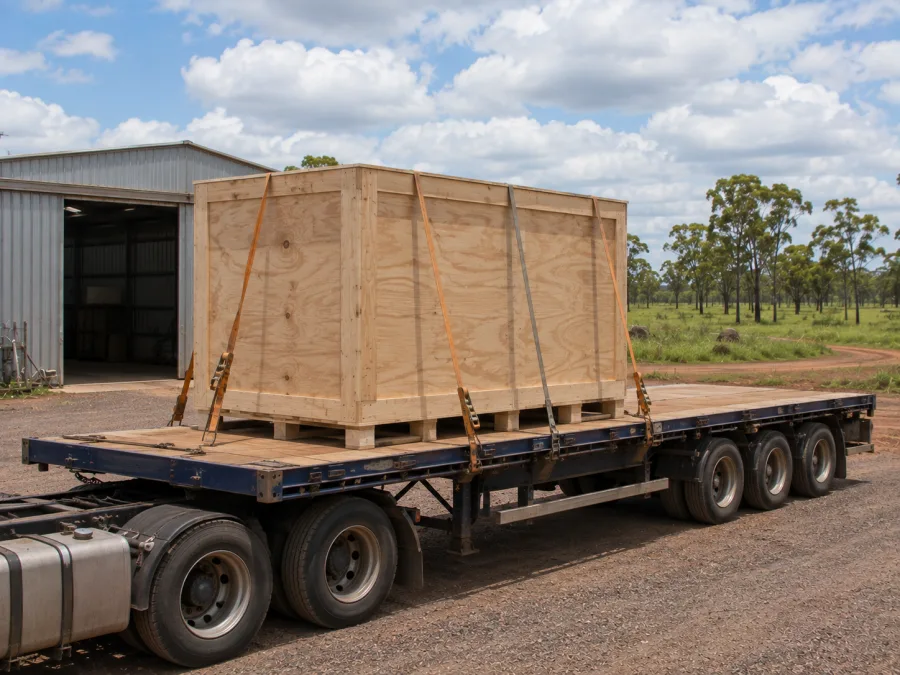 Timber-crated machine strapped on a trailer at a Katherine site