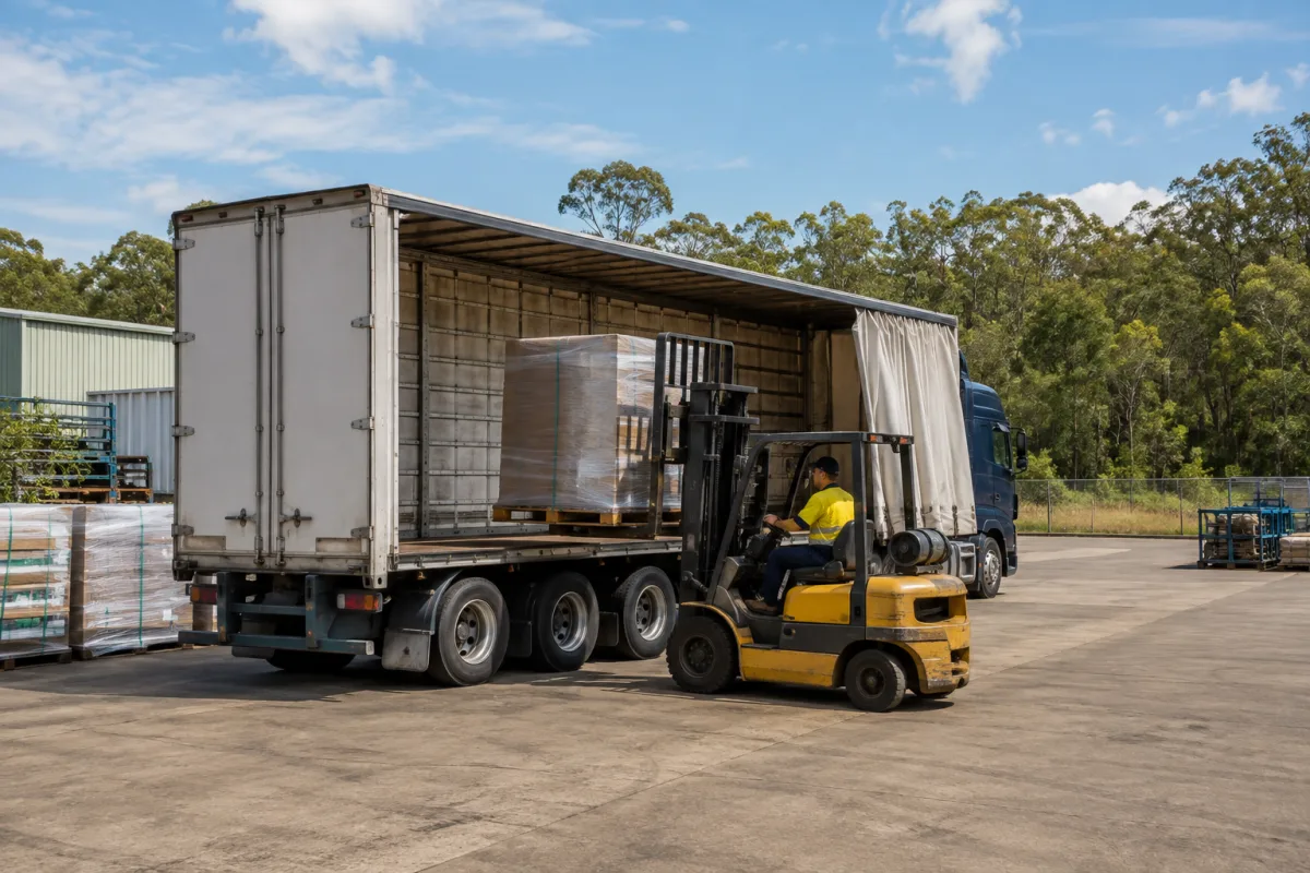Forklift loading a trailer at a Winnellie depot for the Katherine run