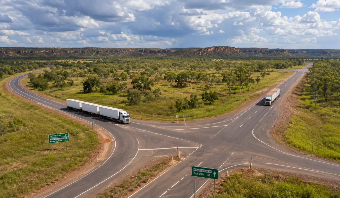 Road trains at a highway junction in Top End savannah country