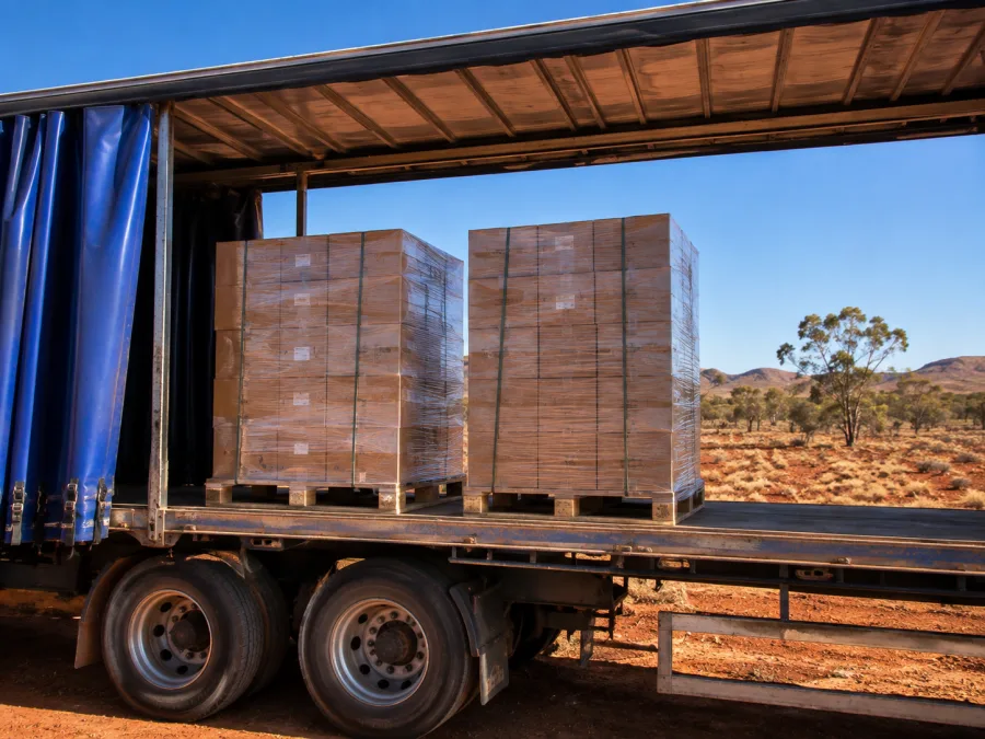 Wrapped pallets on a trailer in arid central Australia