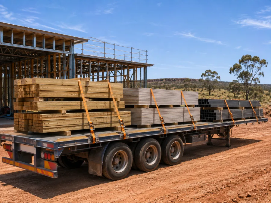 Timber and cladding on a trailer at a Top End building site