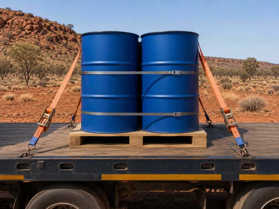 Sealed drums banded on a pallet and strapped to a trailer deck