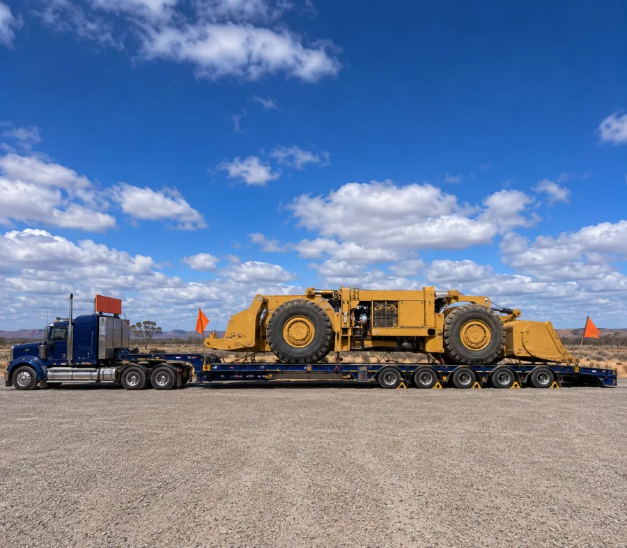 Oversize machine on a multi-axle low-loader beside the Stuart Highway