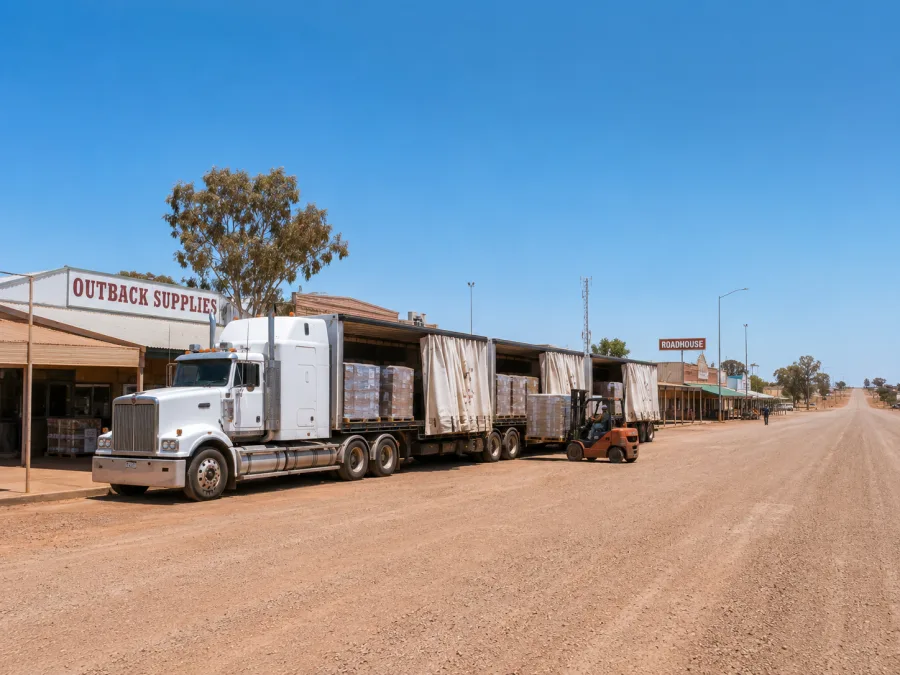 Road train unloading pallets in a remote Stuart Highway town