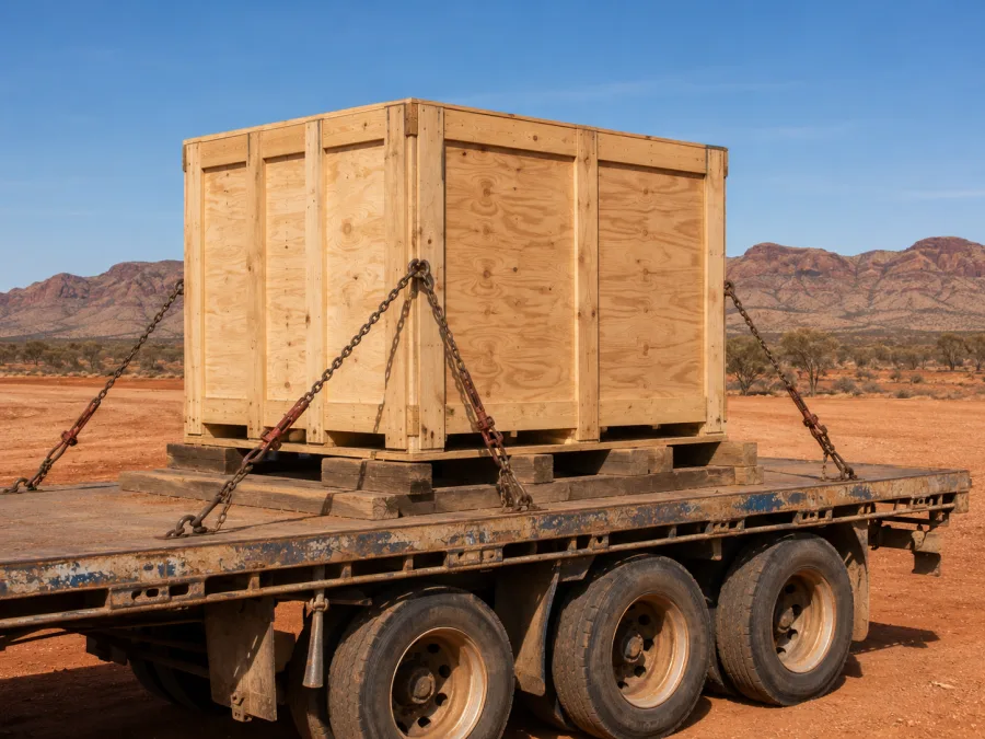 Timber-crated machine chained on a trailer for the southbound run