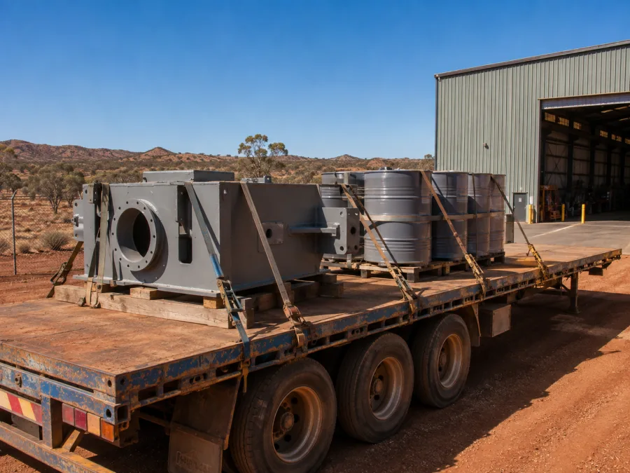 Industrial component and drums strapped on a trailer heading south from the Territory