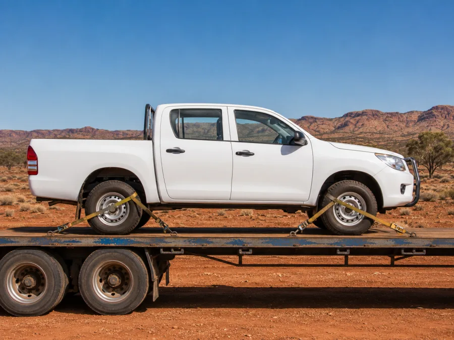 Four wheel drive strapped on a carrier deck in central Australia