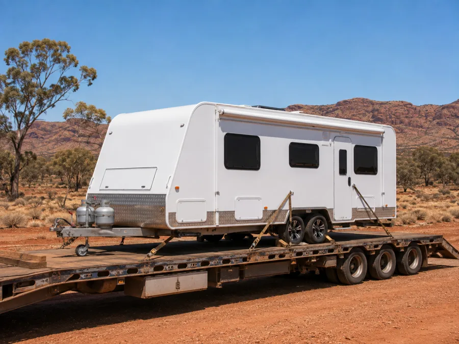 Touring caravan strapped on a drop-deck heading south from the Top End