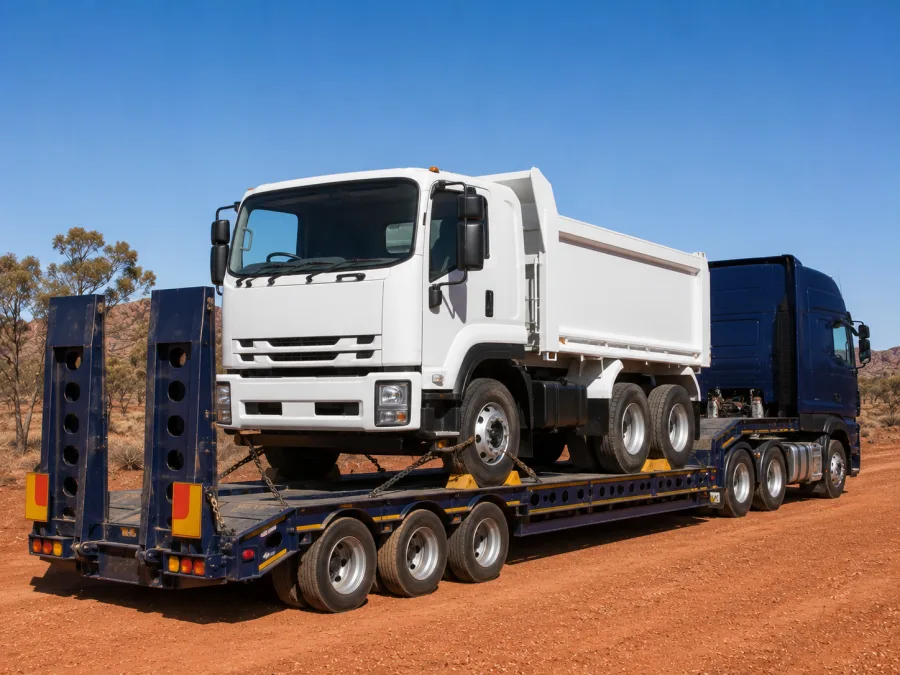 Tipper truck chained on a low-loader in central Australia