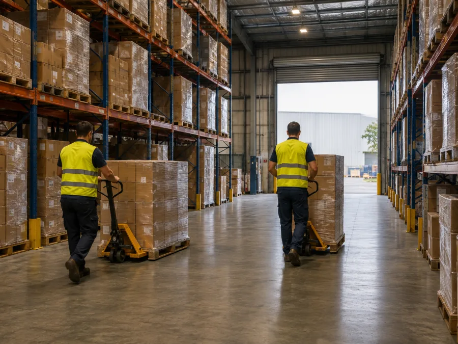 Workers moving pallets inside a Melbourne distribution centre