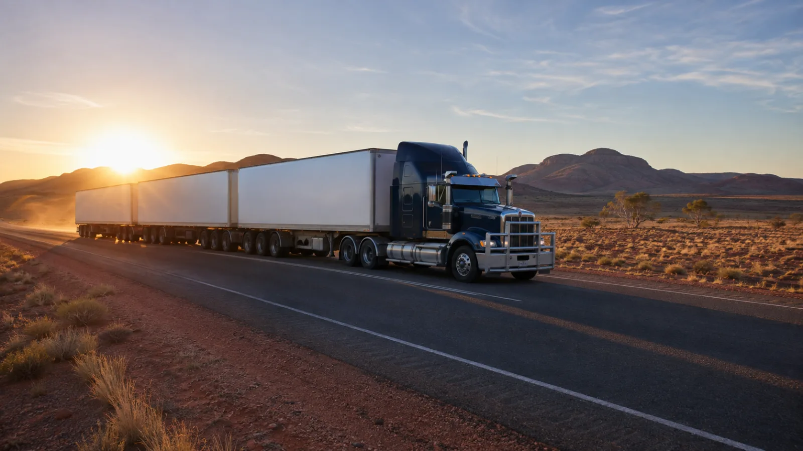 Road train heading south on the Stuart Highway at dawn through central Australia