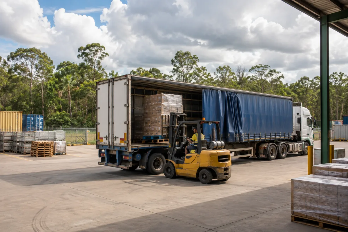 Forklift loading a trailer at a Darwin depot for the run south