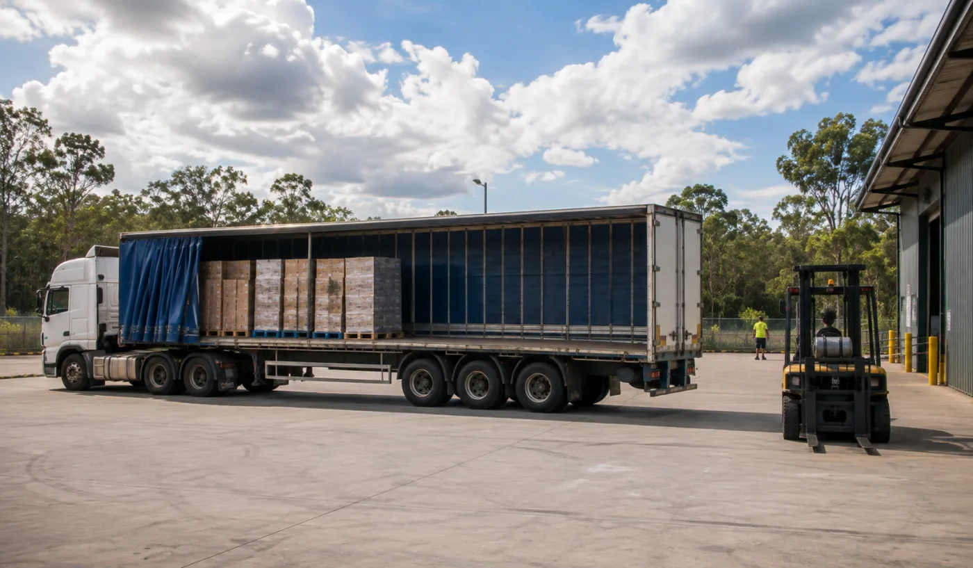 Part-loaded trailer at a Darwin depot with empty deck space waiting for southbound freight