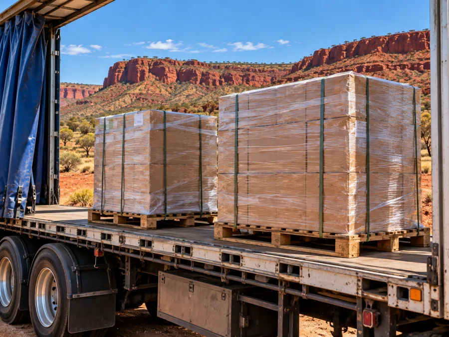 Wrapped pallets on a trailer in red Kimberley country