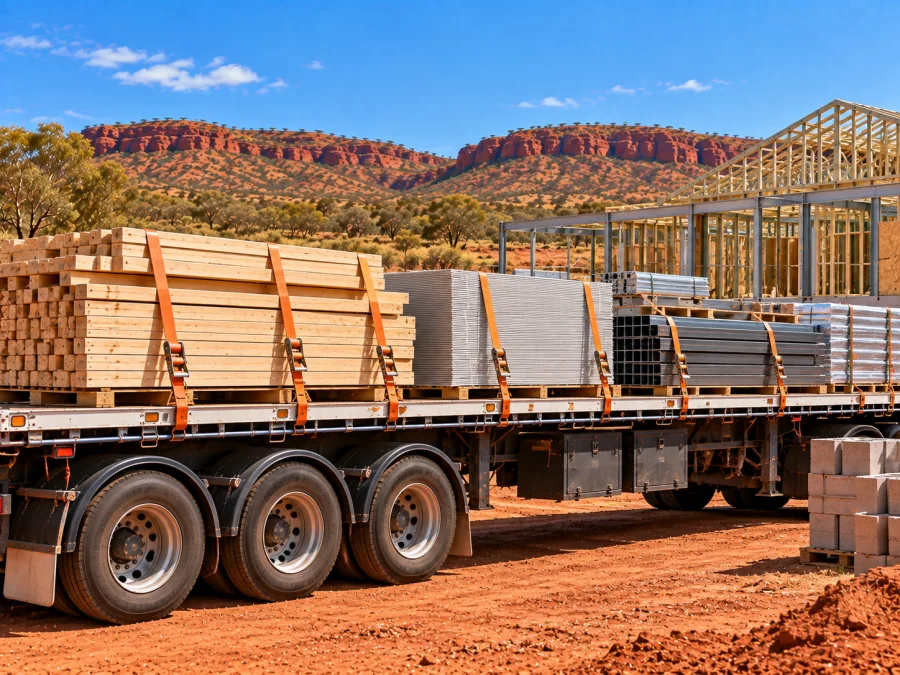 Timber and cladding on a trailer at a remote northern building site