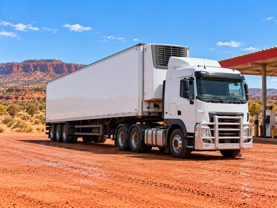 Refrigerated trailer stopped at a remote roadhouse in the Pilbara