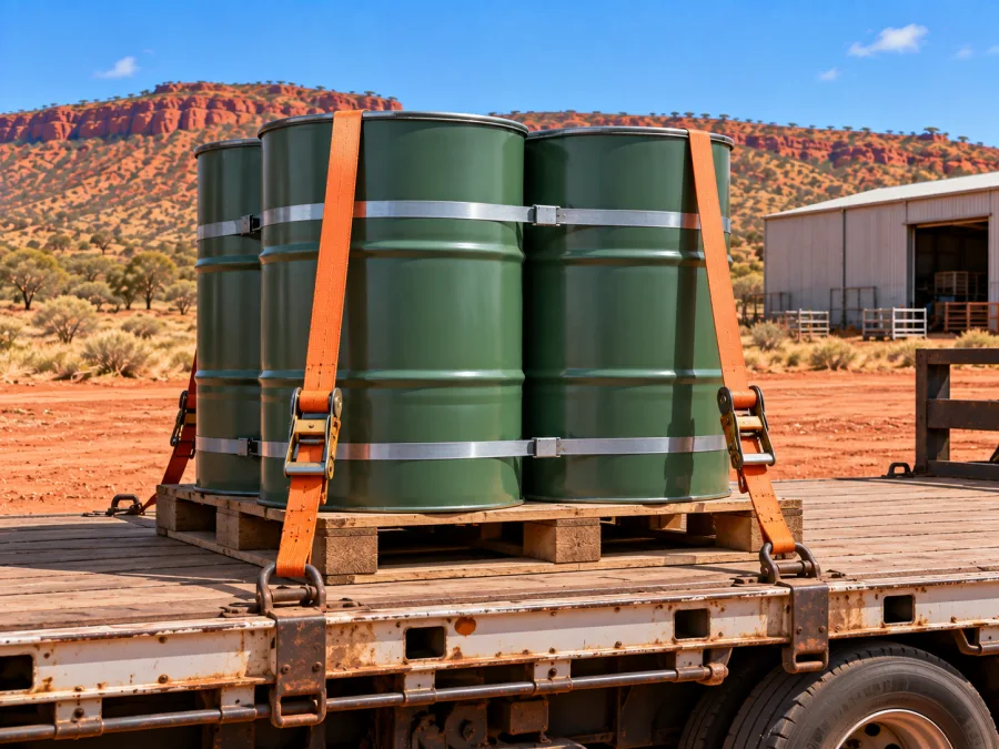 Sealed drums banded on a pallet and strapped to a trailer deck