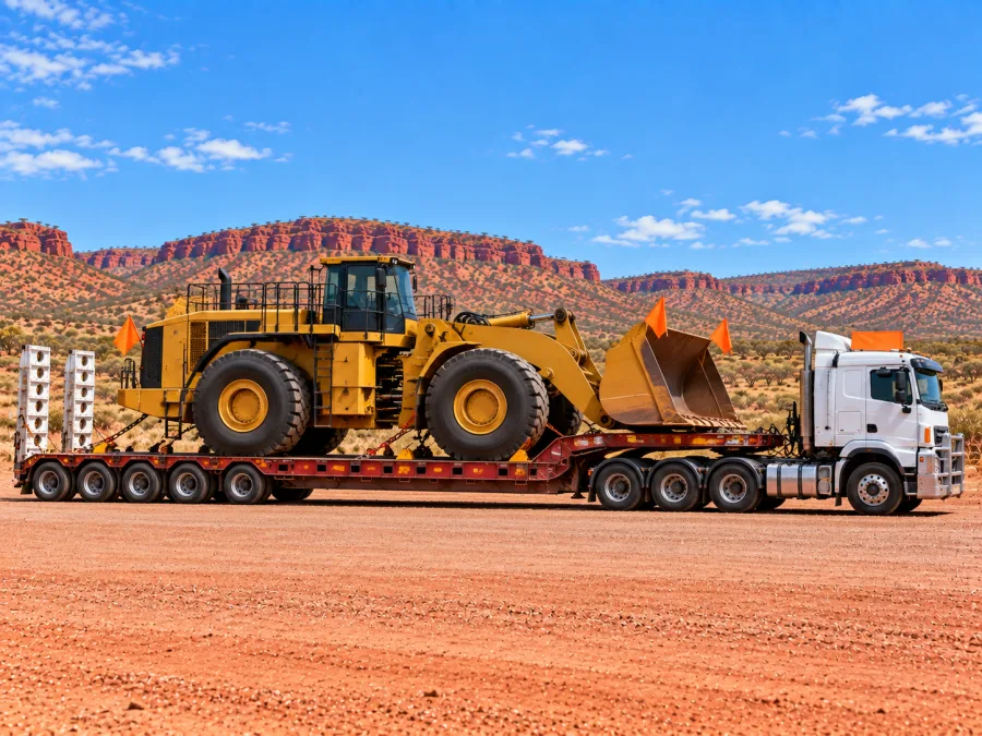 Oversize mining machine on a multi-axle low-loader in the Pilbara
