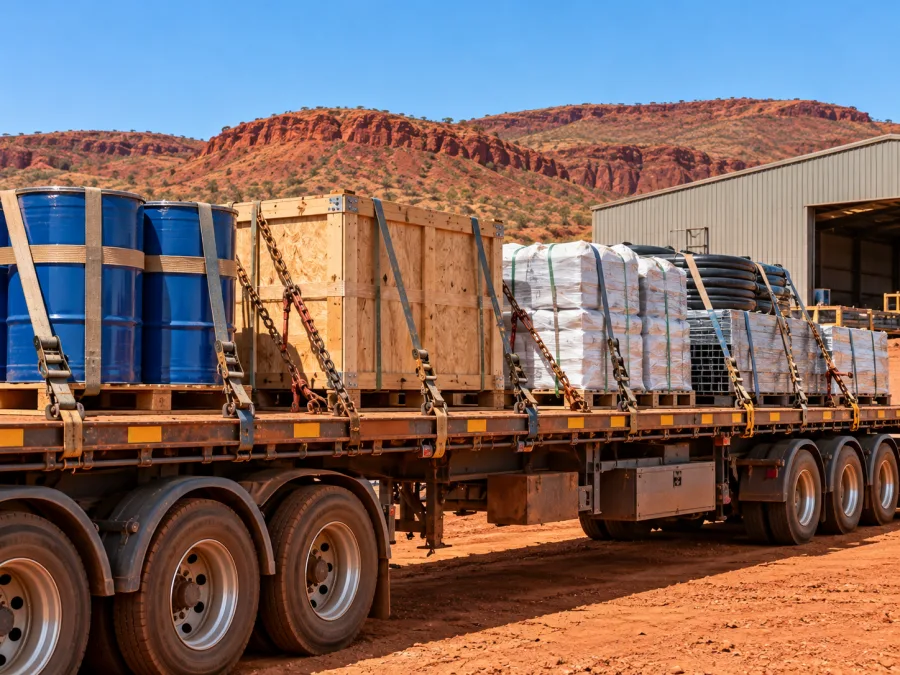 Drums and crated components loaded for Pilbara mining operations