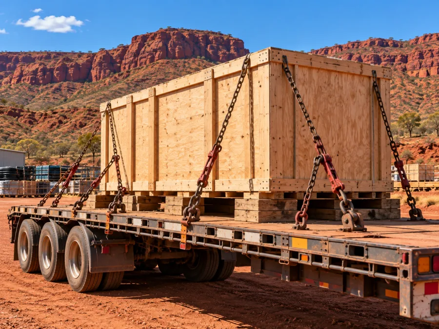 Timber-crated machine chained on a trailer in the Kimberley