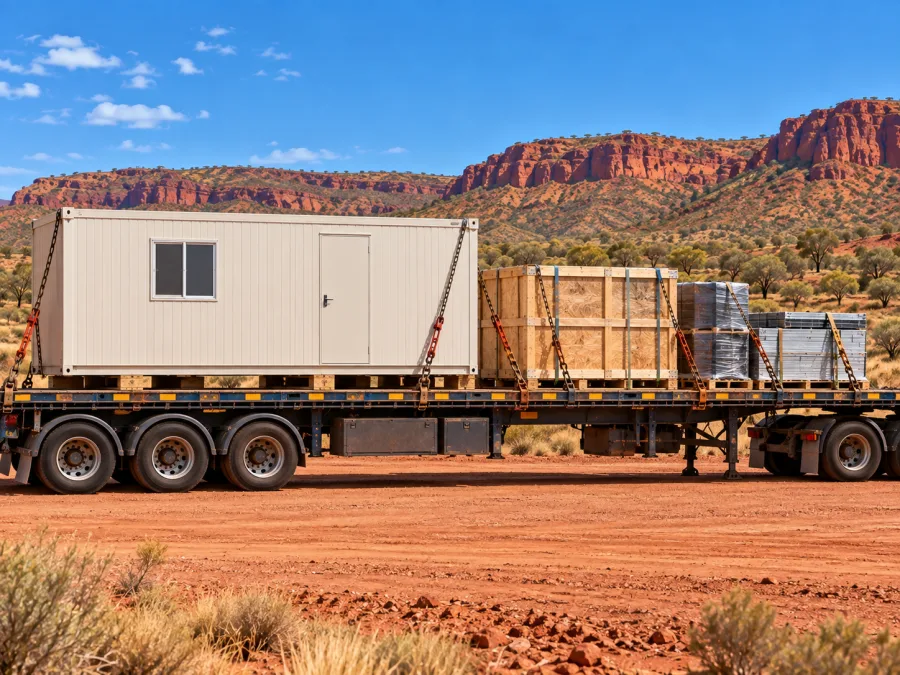 Portable camp unit and crated equipment chained on a trailer for a remote site