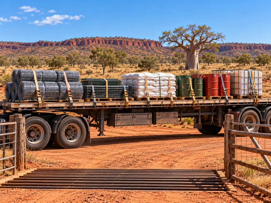 Fencing, feed and drums loaded on a trailer at a Kimberley station gate