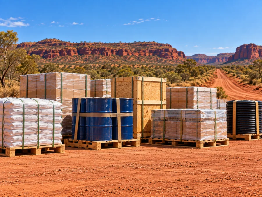 Heavily wrapped freight staged for onward delivery to a remote northern community