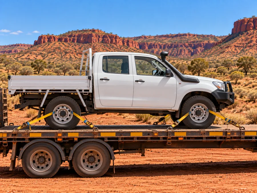 Four wheel drive strapped on a carrier deck in the Kimberley