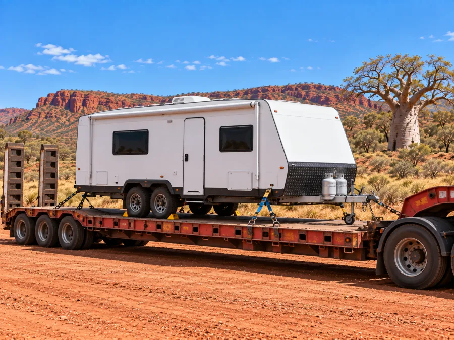 Touring caravan strapped on a drop-deck in red Kimberley country