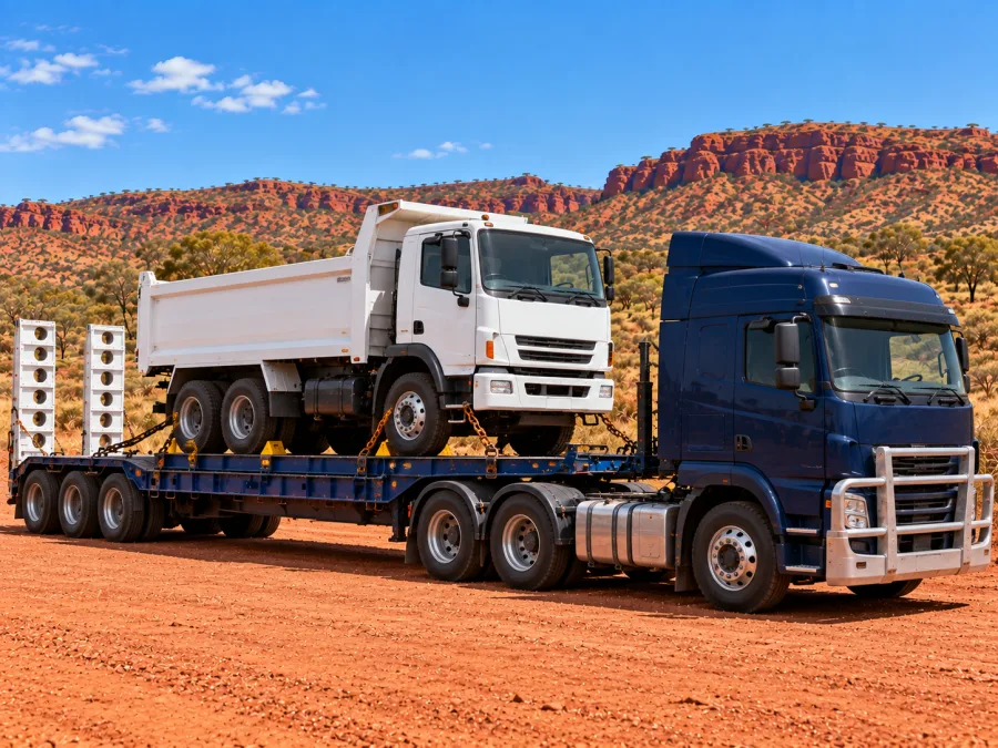 Tipper truck chained on a low-loader in northern Western Australia