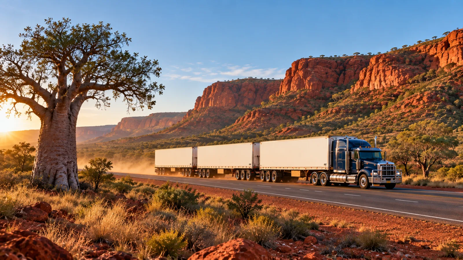 Road train on the Great Northern Highway through red Kimberley ranges with a boab tree