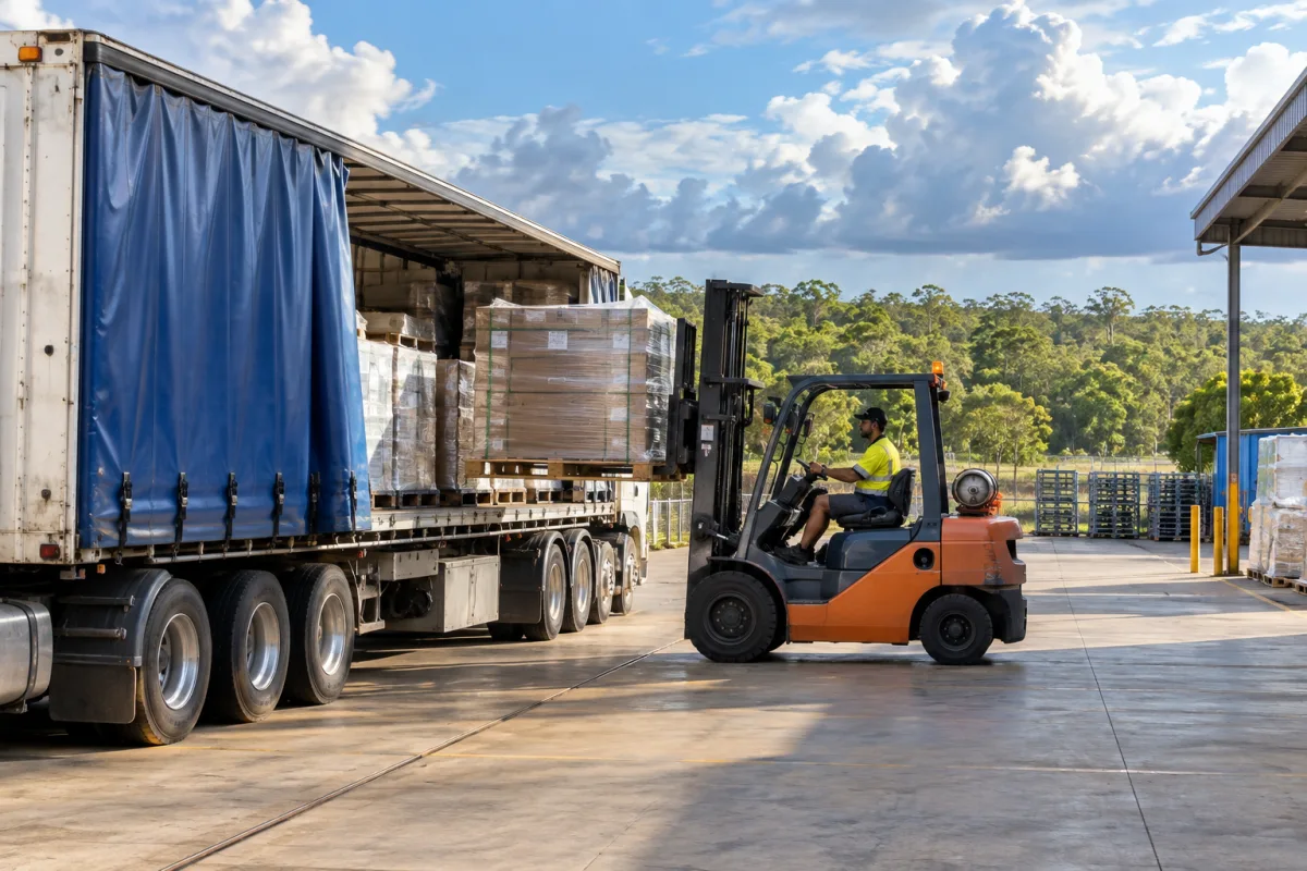 Forklift loading a trailer at a Darwin depot for the run west