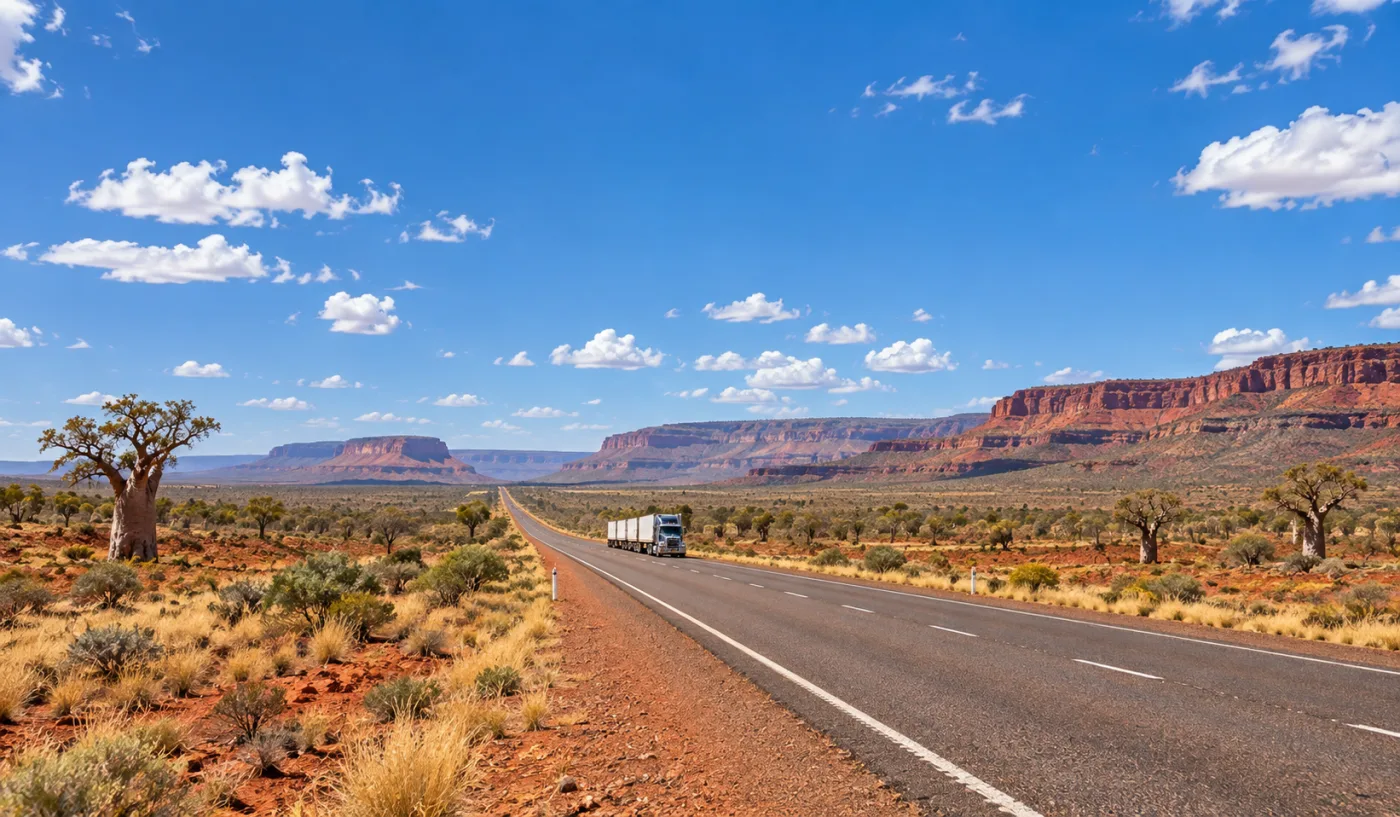 Highway through vast red rock country with a road train small against the ranges