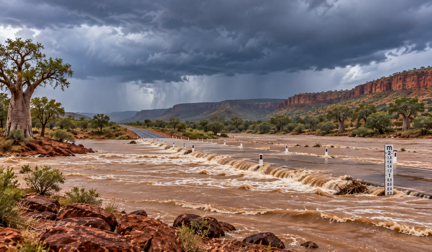 Floodwater running across a remote Kimberley highway crossing in the wet season