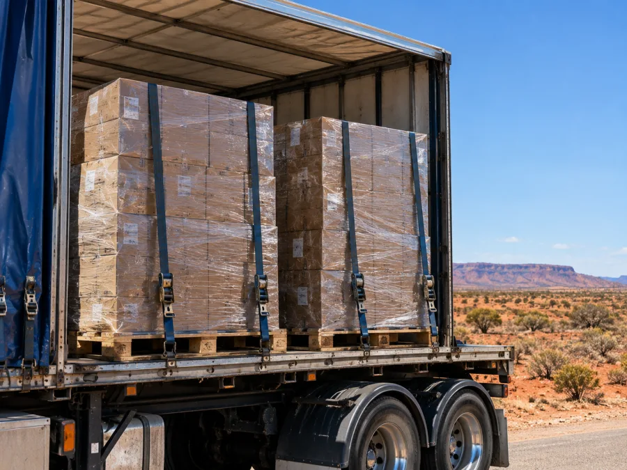 Wrapped pallets on a trailer in arid central Australia