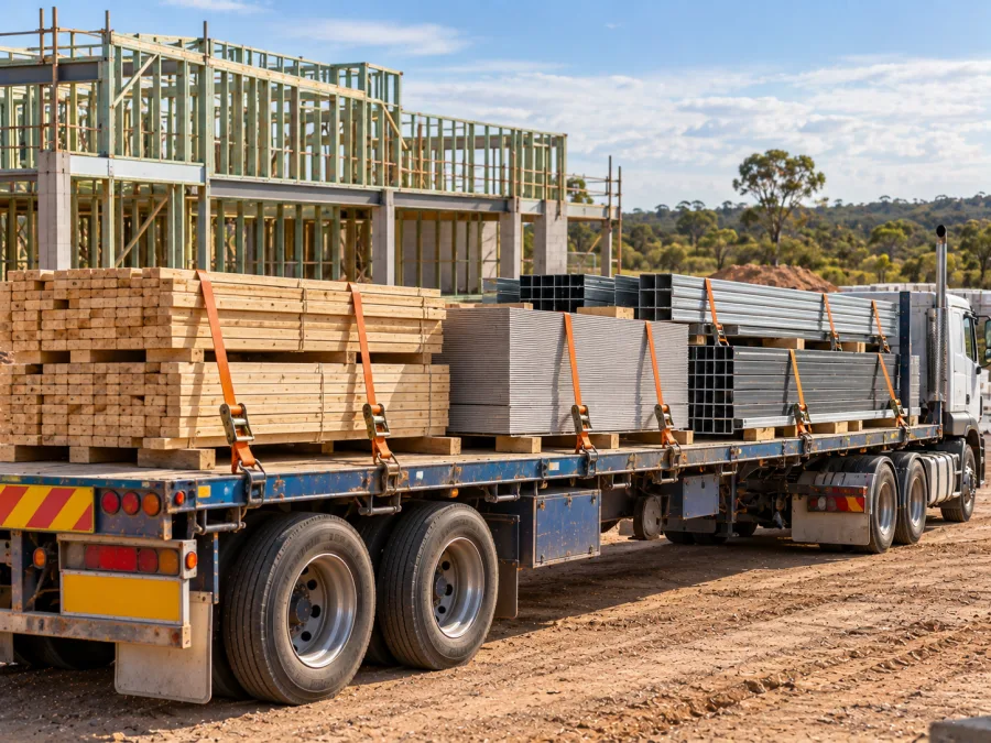 Timber and cladding on a trailer at a Top End building site