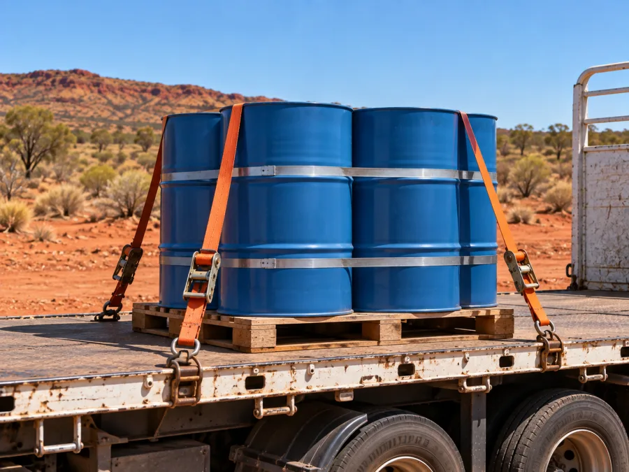 Sealed drums banded on a pallet and strapped to a trailer deck