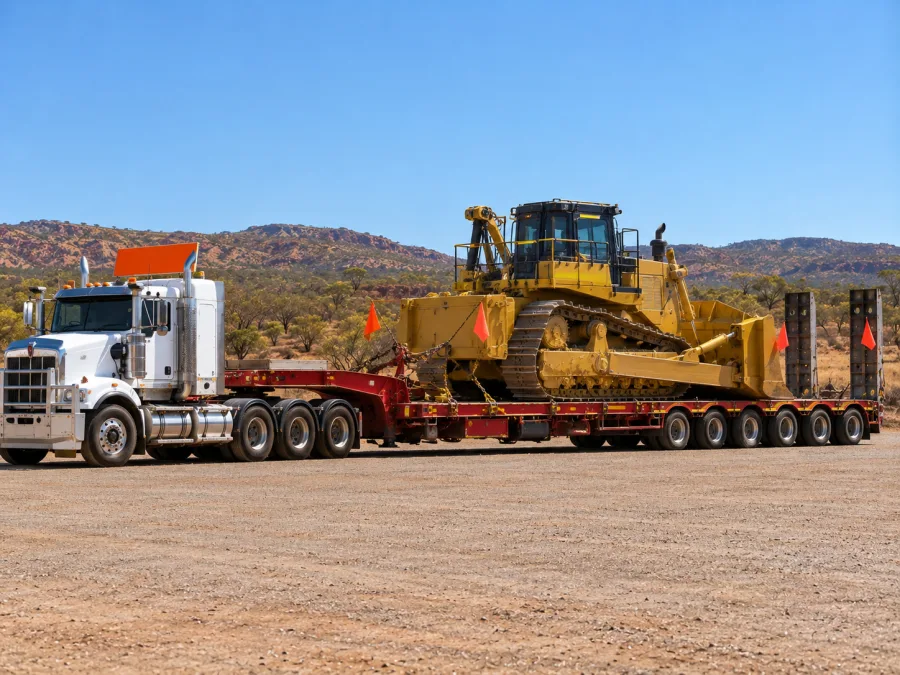 Oversize machine on a multi-axle low-loader beside the Stuart Highway