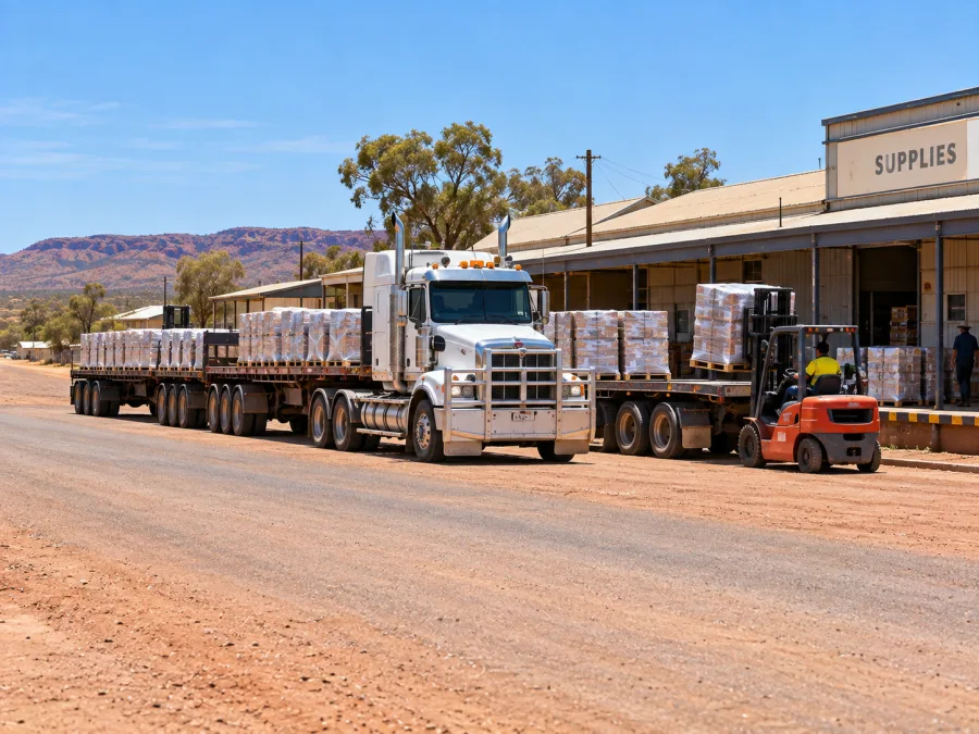 Road train unloading pallets in a remote Stuart Highway town