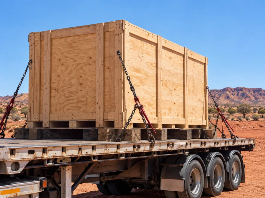 Timber-crated machine chained on a trailer for the southbound run
