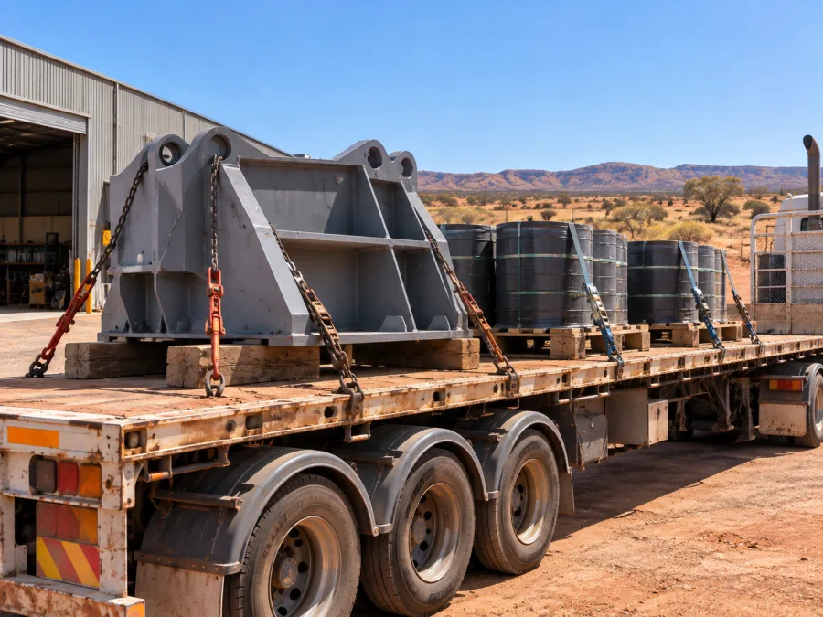 Industrial component and drums strapped on a trailer heading south